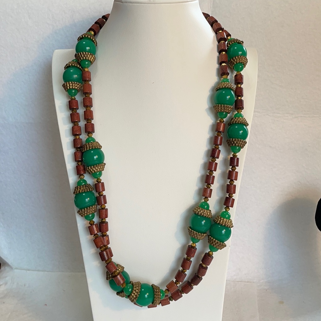 Vintage Germany Wood And Green Lucite Bead Necklace 27”